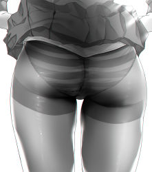 Rule 34 | 1girl, ass, ass focus, bad id, bad pixiv id, clothes lift, from behind, greyscale, highres, lifted by self, lower body, monochrome, noto kurumi, original, panties, panties under pantyhose, pantyhose, pleated skirt, simple background, skirt, skirt lift, solo, striped clothes, striped panties, underwear, white background