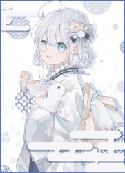 Rule 34 | 1girl, ahoge, animal, blue eyes, blush, bow, bow earrings, earrings, egasumi, grey hair, hair ornament, holding, holding animal, holding pocket watch, japanese clothes, jewelry, kanzashi, kimono, long sleeves, looking at viewer, monocle, open mouth, original, pocket watch, rabbit, renren (pixiv22963369), short hair, smile, solo, watch, wavy hair, wide sleeves