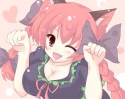 Rule 34 | 1girl, animal ears, bad id, bad pixiv id, blush, braid, breasts, cat ears, cat girl, cleavage, fangs, female focus, hair ribbon, heart, kaenbyou rin, kuromari (runia), large breasts, one eye closed, open mouth, paw pose, red eyes, red hair, ribbon, smile, solo, touhou, twin braids, wink