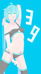 1girl 39 :q absurdres ahoge arm_behind_head armpits armup barcode barcode_tattoo black_bra black_panties black_thighhighs blue_eyes blue_hair bra breast_tattoo breasts closed_mouth commentary_request cowboy_shot hair_between_eyes hara_id_21 hatsune_miku highres long_bangs long_hair looking_at_viewer miku_day navel no_lineart number_tattoo panties simple_background small_breasts smile solo stomach_tattoo strap_slip tattoo thighhighs tongue tongue_out twintails underwear underwear_only very_long_hair vocaloid