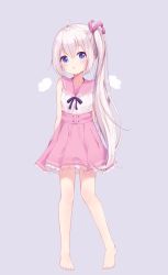 Rule 34 | 1girl, :o, ahoge, arms behind back, bare legs, barefoot, blush, commentary, full body, hair between eyes, high-waist skirt, highres, long hair, looking at viewer, original, parted lips, pink ribbon, pink sailor collar, pink skirt, purple background, purple eyes, purple ribbon, ribbon, sailor collar, setmen, shirt, side ponytail, sidelocks, simple background, skirt, solo, symbol-only commentary, white hair, white shirt