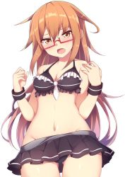 Rule 34 | 10s, 1girl, adapted costume, bad id, bad twitter id, bare shoulders, bikini, bikini skirt, bikini top only, blush, breasts, brown eyes, brown hair, cleavage, fang, frills, glasses, groin, haruyuki (yukichasoba), kantai collection, long hair, looking at viewer, medium breasts, mochizuki (kancolle), navel, necktie, open mouth, red-framed eyewear, semi-rimless eyewear, simple background, solo, swimsuit, white background, white necktie, wrist cuffs