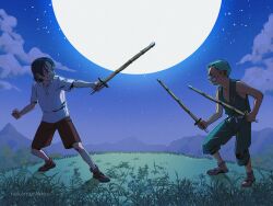 Rule 34 | 1boy, 1girl, aged down, artist name, blue hair, cloud, cloudy sky, fighting stance, full body, full moon, grass, green hair, highres, holding, holding sword, holding weapon, japanese clothes, katana, kuina, looking at another, moon, nakamurakleo, night, night sky, on grass, one piece, outdoors, roronoa zoro, short hair, shorts, sky, smile, standing, star (sky), sword, teeth, traditional clothes, weapon