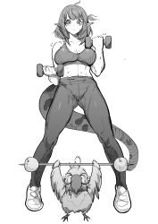 Rule 34 | 1girl, absurdres, ahoge, apple, arknights, bad id, bad pixiv id, bare shoulders, bird, blush, breasts, cleavage, closed mouth, dumbbell, eunectes (arknights), exercising, food, fruit, full body, glasses, gluteal fold, greyscale, high priest (arknights), highres, hu tu, large breasts, monochrome, navel, pants, pointy ears, seat, short hair, simple background, sports bra, standing, weightlifting, white background, yoga pants