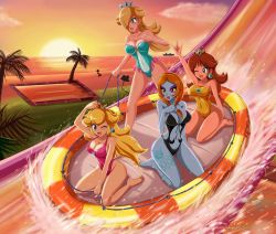 Rule 34 | 4girls, arm up, barefoot, beach, blonde hair, blue eyes, blush, brown hair, cloud, collarbone, crown, earrings, female focus, hair over one eye, hand on own chest, happy, holding, jewelry, long hair, mario (series), midna, midna (true), multiple girls, navel, nintendo, ocean, one eye closed, open mouth, orange hair, outdoors, outstretched arm, palm tree, princess daisy, princess peach, red eyes, rosalina, ship, sigurd hosenfeld, sitting, sky, spoilers, standing, star (symbol), sunset, super mario bros. 1, super mario galaxy, super mario land, swimsuit, tagme, the legend of zelda, the legend of zelda: twilight princess, tree, wariza, water, water slide, watercraft