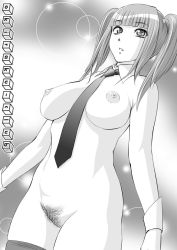 Rule 34 | 1girl, between breasts, breasts, collarbone, cowboy shot, cuffs, detached collar, female pubic hair, greyscale, groin, kiso fumihiro, large breasts, monochrome, naked necktie, necktie, necktie between breasts, nipples, nude, original, parted lips, pubic hair, pussy, skindentation, solo, standing, thighhighs, twintails, uncensored, wrist cuffs