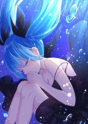 Rule 34 | 1girl, air bubble, aqua hair, bare legs, black dress, black ribbon, breasts, bubble, cleavage, closed eyes, commentary, cowboy shot, crying, dress, hair ribbon, hatsune miku, highres, knees up, long hair, own hands clasped, own hands together, ribbon, shinkai shoujo (vocaloid), shiohari kanna, solo, spaghetti strap, tears, twintails, underwater, vocaloid, water drop