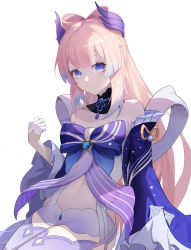 Rule 34 | 1girl, absurdres, bare shoulders, blue eyes, blunt bangs, bow, bowtie, closed mouth, detached collar, frilled sleeves, frills, genshin impact, gloves, highres, long hair, looking at viewer, midriff, navel, pink hair, qianchenyu77, sangonomiya kokomi, short shorts, shorts, simple background, smile, solo, thighhighs, vision (genshin impact), water drop, white background, white gloves