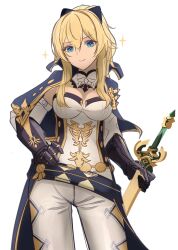 Rule 34 | 1girl, black bow, blonde hair, blue eyes, bow, breasts, cape, cleavage, closed mouth, detached collar, detached sleeves, gauntlets, genshin impact, hair between eyes, hand on own hip, highres, holding, holding sword, holding weapon, jean (genshin impact), long sleeves, looking at viewer, medium breasts, medium hair, metal gloves, mon-chan, pants, ponytail, revealing clothes, simple background, smile, solo, sparkle, sword, weapon, white background, white pants