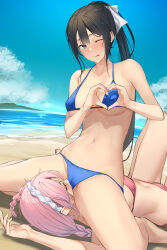Rule 34 | 2girls, :p, absurdres, bare arms, bare legs, bare shoulders, beach, bikini, black hair, blue bikini, blue eyes, blush, breasts, closed eyes, commission, cunnilingus, cunnilingus through clothes, day, hair ornament, hair ribbon, heart, heart hands, highres, large breasts, long hair, looking at viewer, lying, multiple girls, navel, on back, one eye closed, oral, original, outdoors, pallad, pink bikini, pink hair, ponytail, ribbon, sitting, sitting on face, sitting on person, skeb commission, swimsuit, tongue, tongue out, underboob, water, white ribbon, yuri
