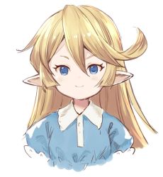 Rule 34 | &gt;:), 1girl, blonde hair, blue eyes, blue shirt, charlotta (granblue fantasy), closed mouth, collared shirt, cropped torso, granblue fantasy, hair between eyes, harvin, long hair, looking at viewer, meito (maze), pointy ears, puffy short sleeves, puffy sleeves, shirt, short sleeves, simple background, smile, solo, upper body, v-shaped eyebrows, white background