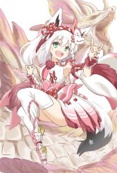 Rule 34 | 1girl, animal ears, boots, braid, commentary request, detached sleeves, dragon, earrings, fox ears, fox girl, fox shadow puppet, fox tail, green eyes, hair between eyes, hairband, highres, hololive, jewelry, long hair, looking at viewer, mask, mask on head, okudake, open mouth, pentagram, pink skirt, shirakami fubuki, shirt, sidelocks, single braid, skirt, tail, thigh boots, thighhighs, virtual youtuber, white hair, white shirt, white sleeves, wide sleeves