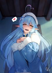 Rule 34 | 1girl, :d, absurdres, ahoge, artist name, bare shoulders, beeeeen, beret, blue bow, blue bowtie, blue coat, blue hair, blue nails, blurry, blurry background, bow, bowtie, braid, ceiling, coat, collared shirt, commentary request, crossed bangs, door, fangs, fingernails, flower, fur-trimmed coat, fur trim, hair between eyes, hand on own chest, hand up, hat, hat flower, head tilt, heart, heart ahoge, highres, hololive, indoors, light particles, long hair, long sleeves, looking at viewer, multicolored hair, nail polish, off shoulder, open mouth, plaid, plaid bow, plaid bowtie, pointy ears, print coat, purple hair, shirt, sleeveless, sleeveless shirt, smile, snowflake print, solo, speech bubble, spoken heart, streaked hair, teeth, upper body, upper teeth only, very long hair, virtual youtuber, wavy hair, white flower, white hat, white shirt, wide sleeves, yellow eyes, yukihana lamy