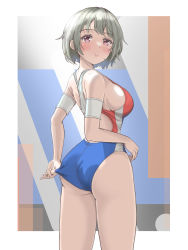 Rule 34 | 1girl, absurdres, adjusting clothes, adjusting swimsuit, ass, blush, breasts, competition swimsuit, grey hair, highres, large breasts, looking at viewer, mashinatsu, one-piece swimsuit, original, profile, red eyes, short hair, solo, swimsuit