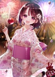 Rule 34 | 1girl, :d, brown hair, candy apple, copyright request, fireworks, floral print, food, half-closed eyes, japanese clothes, kimono, kinchaku, open mouth, outdoors, pink kimono, pouch, purple eyes, sash, short hair, smile, solo, teeth, tsukigami runa, upper body, water drop