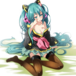 Rule 34 | 1girl, aqua eyes, aqua hair, bad id, bad pixiv id, bare shoulders, blush, breast tattoo, breasts, brown thighhighs, cleavage, collarbone, female focus, full body, hair between eyes, hair ornament, hatsune miku, highres, japanese clothes, long hair, matching hair/eyes, medium breasts, miniskirt, nail polish, no bra, no shoes, off shoulder, open mouth, project diva (series), rubbing eyes, simple background, sitting, skirt, solo, tattoo, thighhighs, tsukishiro saika, very long hair, vocaloid, white background