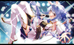 Rule 34 | 1girl, :d, animal ear fluff, animal ears, belt, blue bow, blue hair, blush, boots, bow, braid, breasts, brown belt, carrot hair ornament, commentary request, detached sleeves, food-themed hair ornament, hair bow, hair ornament, haruhina purple, highres, holding, holding microphone, hololive, long hair, long sleeves, looking at viewer, medium breasts, microphone, open mouth, outstretched arm, pleated skirt, rabbit ears, red eyes, short eyebrows, skirt, smile, solo, thick eyebrows, thigh boots, thighhighs, twin braids, twintails, usada pekora, very long hair, virtual youtuber, white footwear, white skirt, white thighhighs