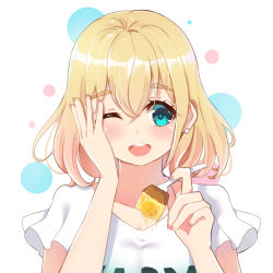 Rule 34 | 1girl, ;d, blonde hair, blue eyes, blush, earrings, fingernails, food, fork, hair between eyes, hand on own face, hand up, highres, holding, holding fork, holmemee, jewelry, kanojo okarishimasu, nail polish, nanami mami, one eye closed, open mouth, pink nails, shirt, short hair, short sleeves, smile, solo, teeth, upper teeth only, white background, white shirt