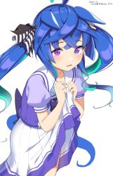 Rule 34 | 1girl, @ @, ahoge, animal ears, black bow, blue hair, blush, bow, clothes lift, commentary request, dated, ears down, green hair, highres, hirota fruit, horse ears, horse girl, horse tail, lifting own clothes, long hair, looking at viewer, multicolored hair, parted lips, pleated skirt, puffy short sleeves, puffy sleeves, purple eyes, purple shirt, school uniform, sharp teeth, shirt, short sleeves, simple background, skirt, skirt lift, solo, tail, teeth, tracen school uniform, twin turbo (umamusume), twintails, twitter username, two-tone hair, umamusume, very long hair, white background, white skirt