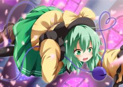 Rule 34 | 1girl, arm up, blush, boots, chro, eyeball, female focus, glowing, green eyes, green hair, hand on headwear, hat, hat ribbon, heart, heart of string, komeiji koishi, long sleeves, matching hair/eyes, open mouth, outstretched arm, ribbon, shirt, short hair, skirt, sleeves past wrists, solo, third eye, touhou, wide-eyed, wide sleeves