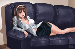 Rule 34 | 10s, 1girl, absurdres, ashigara (kancolle), breasts, brown hair, cleavage, couch, female focus, highres, kantai collection, large breasts, long hair, murasaki-sin, navel, no legwear, skirt, solo, unbuttoned