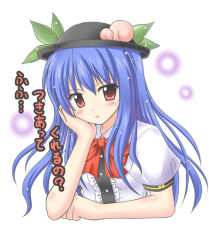 Rule 34 | 1girl, blue hair, exe (artist), female focus, food, fruit, hat, hinanawi tenshi, peach, red eyes, solo, touhou, translated, xe (execut3r)