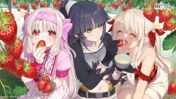 Rule 34 | 3girls, belt, black gloves, black hair, bowl, child, chocolate, closed eyes, closed mouth, dress, fate/grand order, fate (series), feeding, food, fruit, gloves, hairband, highres, holding, holding bowl, illyasviel von einzbern, jewelry, katou danzou (fate), kawai makoto, long hair, looking at another, multiple girls, navel, necklace, official art, open mouth, pearl necklace, ponytail, red eyes, sitonai (fate), sitting, smile, strawberry, white chocolate, white hair, yellow eyes