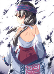 Rule 34 | 10s, 1girl, ainu clothes, amayadori machi, back, backless outfit, bare shoulders, black hair, blunt bangs, blush, brown eyes, commentary request, from behind, hair ribbon, hakama, hakama skirt, headband, highres, japanese clothes, kumamiko, long hair, looking at viewer, looking back, low twintails, miko, olive (laai), red hakama, ribbon, skirt, solo, standing, twintails, undressing