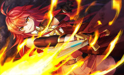 Rule 34 | 1girl, ahoge, armor, black gloves, black sleeves, black thighhighs, breastplate, cermia (epic seven), closed mouth, detached sleeves, elbow gloves, epic seven, fire, floating hair, gloves, grey skirt, hair between eyes, highres, holding, holding sword, holding weapon, long hair, long sleeves, looking at viewer, miniskirt, red hair, skirt, smile, solo, sword, thighhighs, very long hair, wanwanlove, weapon, wing collar, yellow eyes