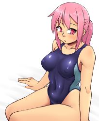 Rule 34 | 1girl, blush, breasts, collarbone, competition swimsuit, covered erect nipples, covered navel, highleg, highleg swimsuit, highres, kurozu (crozu), long hair, medium breasts, one-piece swimsuit, original, parted lips, pink eyes, pink hair, ponytail, sidelocks, sitting, solo, stomach, swimsuit, thighs