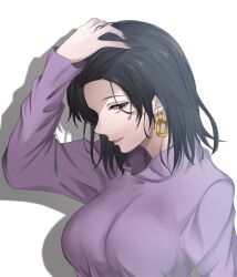 Rule 34 | 1girl, black hair, breasts, earrings, fake nails, hand in own hair, highres, hoop earrings, jewelry, large breasts, light (lightpicture33), looking at viewer, medium hair, nail polish, parted lips, profile, purple sweater, red eyes, red nails, simple background, solo, sweater, turtleneck, turtleneck sweater, upper body, white background, yahari ore no seishun lovecome wa machigatteiru., yukinoshita haruno