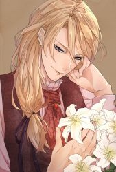 Rule 34 | 1boy, ameyu (ame12y), from argonavis, blonde hair, brooch, brown background, felix louis-claude mont d&#039;or, flower, hand up, highres, jewelry, lily (flower), long hair, looking at viewer, low-tied long hair, male focus, red neckwear, simple background, solo, upper body, vest, white flower