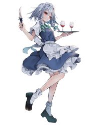 Rule 34 | 1girl, absurdres, alcohol, apron, blue dress, braid, breasts, cup, dress, drinking glass, full body, grey hair, hair between eyes, hair ribbon, highres, holding, holding knife, holding tray, izayoi sakuya, knife, looking at viewer, maid headdress, medium breasts, ribbon, short hair with long locks, simple background, smile, solo, standing, standing on one leg, throwing knife, touhou, tray, tress ribbon, tsune (tune), twin braids, waist apron, weapon, white background, wine, wine glass