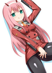 Rule 34 | 10s, 1girl, :q, aqua eyes, arm up, black pantyhose, breasts, closed mouth, commentary request, darling in the franxx, hair between eyes, hairband, horns, jacket, long hair, long sleeves, looking at viewer, medium breasts, military, military jacket, military uniform, orange neckwear, pantyhose, pink hair, red jacket, simple background, smile, solo, tongue, tongue out, toshishikisai, uniform, very long hair, white background, zero two (darling in the franxx)