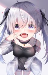Rule 34 | 1girl, bell, black collar, black dress, black ribbon, blush, breasts, coat, collar, collarbone, commentary request, dress, fangs, finger to mouth, foreshortening, from above, hair ribbon, heart, heart in eye, highres, large breasts, looking at viewer, neck bell, neku (neku draw), open mouth, original, purple eyes, ribbon, shade, shorts, silver hair, simple background, solo, symbol in eye, teeth, tongue, twintails, white coat, white shorts