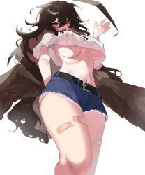 Rule 34 | 1girl, :d, absurdres, ahoge, bad id, bad pixiv id, bandaid, bandaid on leg, bandaids on nipples, belt, black hair, blue shorts, breasts, commission, crop top, crop top overhang, cutoffs, denim, denim shorts, fang, feathered wings, from below, hand up, highres, huge ahoge, large breasts, long hair, looking at viewer, low wings, messy hair, micro shorts, midriff, navel, open mouth, original, pasties, red eyes, rima (0136), shirt, short shorts, short sleeves, shorts, simple background, smile, solo, stomach, thighs, underboob, upshirt, very long hair, white background, white shirt, wings