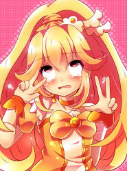 Rule 34 | 10s, 1girl, blonde hair, bow, cure peace, double v, dress, eyelashes, hair flaps, hair ornament, kise yayoi, orange theme, pink background, precure, rolling eyes, skirt, smile precure!, solo, tears, urara (sumairuclover), v, wide ponytail, yellow bow, yellow dress, yellow eyes, yellow skirt
