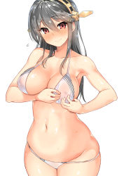 Rule 34 | 10s, 1girl, adjusting clothes, adjusting swimsuit, b-ginga, bare shoulders, bikini, black hair, blush, breasts, cleavage, collarbone, cowboy shot, curvy, full-face blush, hair between eyes, halterneck, haruna (kancolle), head tilt, headgear, kantai collection, large breasts, long hair, looking at viewer, navel, red eyes, see-through, simple background, smile, solo, standing, swimsuit, wet, white background, white bikini, wide hips