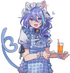 Rule 34 | 1boy, animal ears, apron, bell, black ribbon, blue apron, blue eyes, blue hair, cat ears, cat tail, character name, creepyday, crossdressing, dress, drinking straw, english text, frilled apron, frilled headwear, frilled wrist cuffs, frills, glass, grid print, hair between eyes, heart, heart tail, holding, holding plate, holostars, jingle bell, long hair, looking at viewer, maid, maid apron, maid headdress, male focus, minase rio, multicolored hair, neck ribbon, open mouth, plate, puffy short sleeves, puffy sleeves, purple hair, purple ribbon, ribbon, short sleeves, sleeve ribbon, slit pupils, smile, solo, streaked hair, tail, virtual youtuber, white background, white dress, wrist cuffs