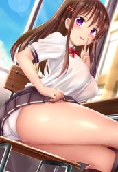Rule 34 | 1girl, absurdres, ass, black legwear, black skirt, blue skirt, blue sky, blush, book, breasts, brown hair, cameltoe, chair, classroom, clothes lift, cloud, crossed legs, desk, finger to mouth, hair ornament, highres, large breasts, lens flare, lifting own clothes, looking at viewer, original, panties, pleated skirt, purple eyes, red neckwear, school chair, school desk, school uniform, shirt, short sleeves, sidelocks, sitting, skirt, skirt lift, sky, skywalker0610, solo, tented shirt, thighs, underwear, uniform, white panties, white shirt, window