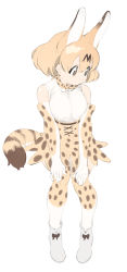 Rule 34 | 1girl, absurdres, animal ears, bad id, bad pixiv id, bare shoulders, blonde hair, boots, bow, bowtie, breasts, brown eyes, closed mouth, elbow gloves, gloves, hands on own knees, highres, kemono friends, kona ming, looking away, medium breasts, serval (kemono friends), serval tail, shirt, short hair, skirt, sleeveless, sleeveless shirt, solo, standing, tail, traditional bowtie, white background, white footwear