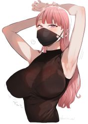 Rule 34 | 1girl, ?, armpits, arms up, bare arms, bare shoulders, black sweater, blush, bra strap, bra visible through clothes, breasts, covered erect nipples, earrings, highres, jewelry, large breasts, long hair, looking at viewer, mask, motion lines, mouth mask, original, pink eyes, pink hair, ribbed sweater, simple background, sleeveless, sleeveless sweater, solo, speech bubble, spoken question mark, stretching, sweater, syuntyu katze, twitter username, upper body, white background
