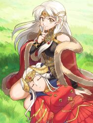 Rule 34 | 2girls, absurdres, bare shoulders, betabetamaru, black dress, bridal gauntlets, cape, circlet, closed eyes, closed mouth, commission, dress, edelgard von hresvelg, fake horns, finger to mouth, fire emblem, fire emblem: radiant dawn, fire emblem: three houses, gloves, grass, grey hair, half updo, highres, horns, jewelry, long hair, long sleeves, looking at viewer, micaiah (fire emblem), multiple girls, nintendo, red cape, red dress, seiza, sitting, skeb commission, sleeping, sleeping on person, smile, sunlight, twitter username, white hair, yellow eyes