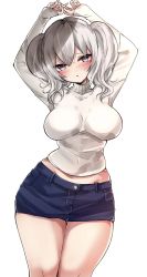Rule 34 | 1girl, alternate costume, arms up, blush, breasts, chigasaki yukari, denim, denim skirt, highres, kantai collection, kashima (kancolle), large breasts, long hair, long sleeves, miniskirt, parted lips, silver hair, simple background, skirt, solo, sweater, turtleneck, turtleneck sweater, twintails, wavy hair, white background, white sweater