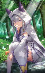 Rule 34 | 1girl, animal hood, blush, breasts, bug, butterfly, cape, detached sleeves, emilia (re:zero), flower, frilled sleeves, frills, hand on own face, highres, holding, holding flower, hood, hood up, insect, long hair, long sleeves, looking at viewer, medium breasts, official art, outdoors, purple eyes, re:zero kara hajimeru isekai seikatsu, sitting, skirt, smile, sunlight, tree, white cape, white flower, white hair, white legwear, white skirt, wide sleeves
