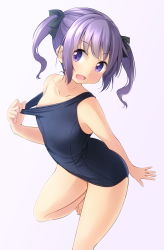 Rule 34 | 1girl, blue one-piece swimsuit, clothes pull, cowboy shot, female focus, head tilt, highres, one-piece swimsuit, one-piece swimsuit pull, one-piece tan, open mouth, original, purple eyes, purple hair, shibacha (shibacha 0728), simple background, solo, standing, standing on one leg, swimsuit, tan, tanline, twintails, white background