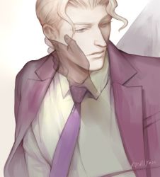 Rule 34 | 1boy, artist name, blonde hair, disembodied hand, formal, ghost, jacket, jacket on shoulders, jojo no kimyou na bouken, kira yoshikage, looking away, male focus, necktie, rynisyou, signature, solo, suit, transparent, upper body