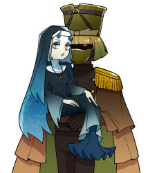 Rule 34 | 1boy, 1girl, :o, aknsnmg, amulet, black dress, blonde hair, blue dress, blue eyeshadow, blue hair, blue headwear, blue horns, blue mouth, breasts, bright pupils, brown cape, brown gloves, cape, commentary request, covered mouth, dress, epaulettes, eyeshadow, face in shadow, garangolm, gloves, glowing, glowing eyes, gradient dress, gradient hat, habit, hand on leg, highres, horns, looking at viewer, looking down, lunagaron, makeup, mask, medium hair, military uniform, monster hunter (series), monster hunter rise, nun, red eyes, sitting, sitting on arm, size difference, small breasts, standing at attention, uniform, white background, white pupils