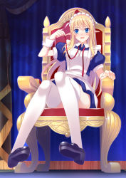 Rule 34 | 1girl, apron, black footwear, blonde hair, blue dress, blue eyes, blush, collared dress, commentary request, curtains, dress, elf, full body, hair between eyes, ike masato, long hair, looking at viewer, maid, maid apron, maid headdress, moe2015, neck ribbon, neckwear lift, nose blush, open mouth, original, pointy ears, puffy short sleeves, puffy sleeves, red neckwear, red ribbon, ribbon, shoes, short sleeves, sitting, solo, thighhighs, throne, undone neck ribbon, unworn neckwear, white apron, white thighhighs, wrist cuffs