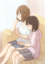Rule 34 | 2girls, absurdres, betock, blush, brown hair, couch, hand on another&#039;s leg, head on another&#039;s shoulder, highres, hood, hooded sweater, incest, multiple girls, original, shirt, short hair, siblings, sisters, sitting, smile, striped clothes, striped shirt, sweater, yuri